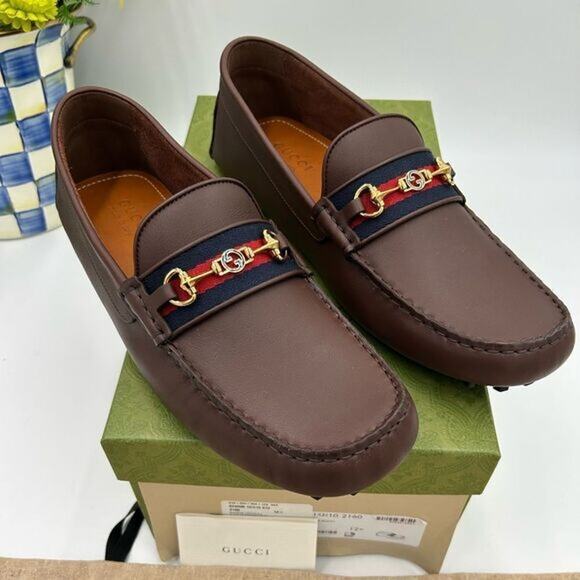 Men’s Gucci Aryton web striped leather loafers size 12.5 fits 13 US made Italy - Picture 1 of 6